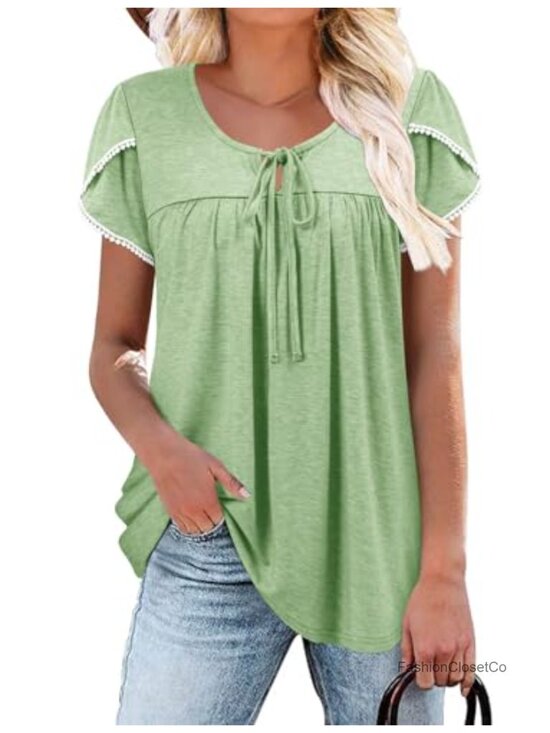 Tops - Women's Short Sleeve Tunic Top Pleated Ruffle Peasant Blouse Loose Fit